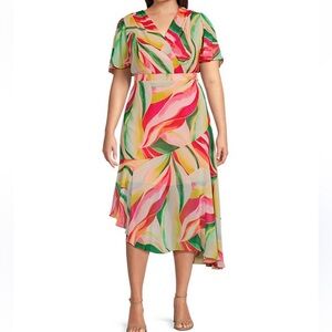 Jessica Howard Short Flutter Sleeve V-Neck Asymmetrical Hem Midi Dress, NWT